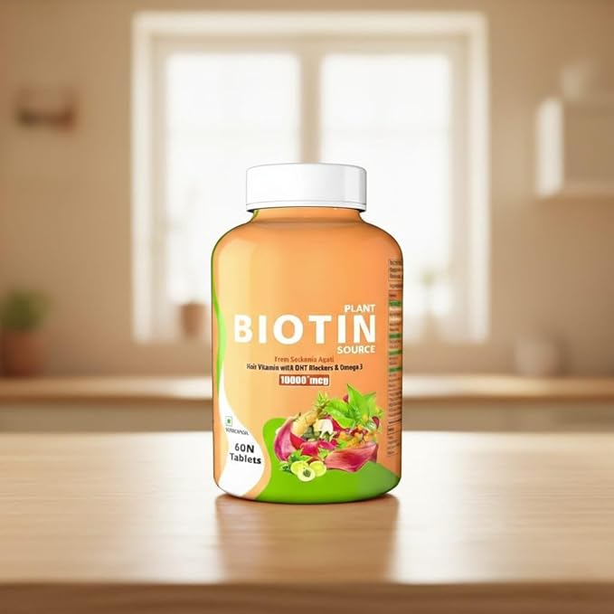 Plant Based Biotin Tablets with High Protein Vitamin DHT Omega 3 for Strong Hairs Nails Growth &amp Glowing Skin - 60 Tablets