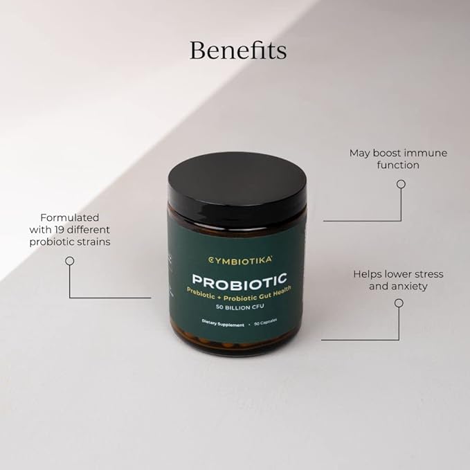 CYMBIOTIKA Probiotic + Prebiotic 60 Billion CFU - 19 Strains Gut Health Supplement for Women &amp Men Immune Support Digestive Health &amp Gut Balance 90 Capsules 1 Month Supply Made in USA