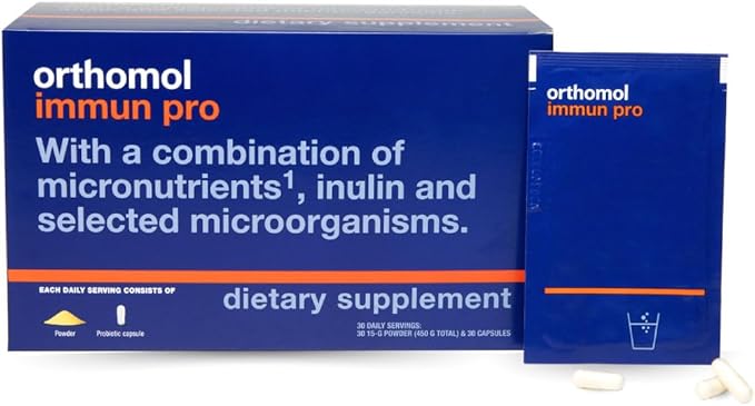 Orthomol Immun Pro Immune Support Probiotic Gut Health Supplement Inulin Prebiotic Fiber 30-Day Supply Vitamin A B C D E Zinc Iodine Probiotics for Women and Men Daily Powder &amp Capsul