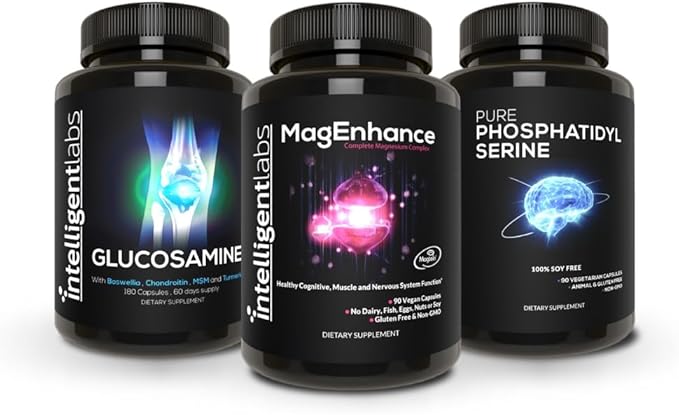 Intelligent Labs 3-in-1 Bundle of MagEnhance Magnesium Complex (Magtein® L-Threonate Glycinate Taurate) + Soy-Free Phosphatidylserine Supplement + Glucosamine Chondroitin MSM Complex for Joints