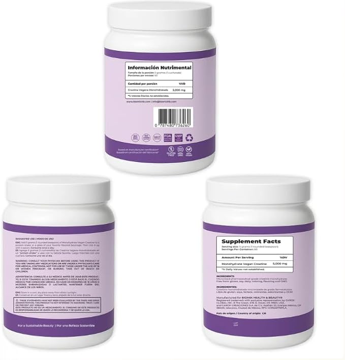 BIOMIX HEALTH &amp BEAUTY Premium Vegan Micronized Creatine Monohydrate — 300 g (60 Servings) — Gluten-Free Non-GMO Ultra Absorption