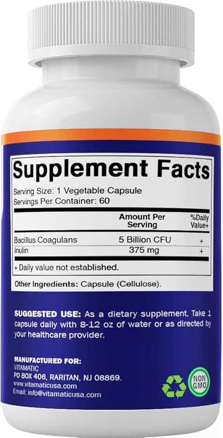 Vitamatic Bacillus Coagulans Shelf Stable Probiotic Supplement - Promote GI Digestive Health - 60 Vegetable Capsules - Survives Stomach Acids- 2 Pack