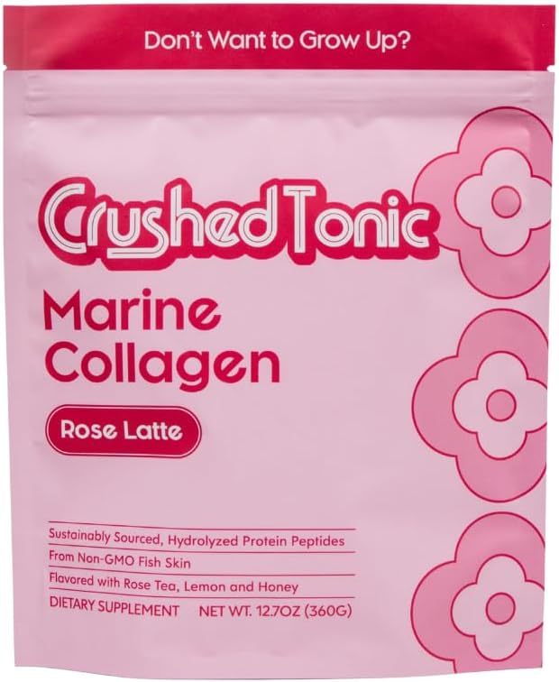 Crushed Tonic Marine Collagen Powder Korean Beauty Drink with Hydrolyzed Collagen Peptides for Skin Hair &amp Nails | Gluten-Free Halal &amp Kosher (Rose Latte 30 Servings (150 g) Pouch)