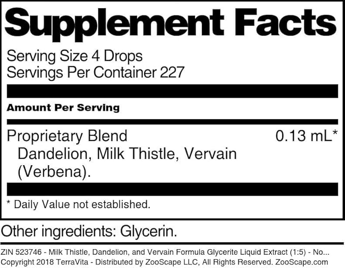 Terravita Milk Thistle Dandelion and Vervain Formula Glycerite Liquid Extract (1:5) - No Flavor (1 oz ZIN: 523746)