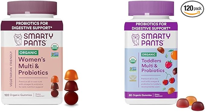 SmartyPants Organic Women's and Toddler Multivitamin Gummies with Probiotics Omega 3 Vitamins D3 B12 C A K Zinc and More Gluten Free 120 and 60 Count