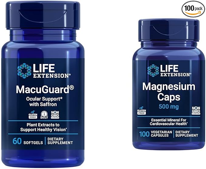 Life Extension MacuGuard Eye Health Supplement with Magnesium Capsules 500mg - Lutein Zeaxanthin Meso-zeaxanthin and Saffron for Healthy Vision - 60 Softgels and 100 Vegetarian Capsules
