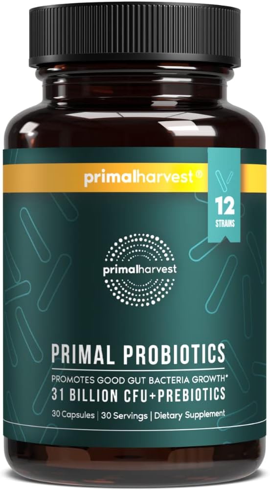 Primal Harvest Probiotics for Women &amp Men Daily Probiotic Supplement with 12 Strains for Gut &amp Digestive Health 30 Capsules