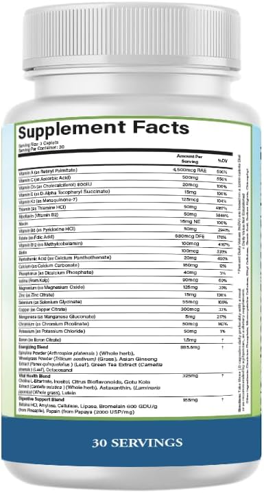 PURE® Adult Multivitamin Iron Free - 90 Vegetable Capsules 30 Servings - High Potency Daily Wellness with Energizing Superfoods B12 &amp Zinc - Digestive Enzymes for Superior Absorption - Made in U