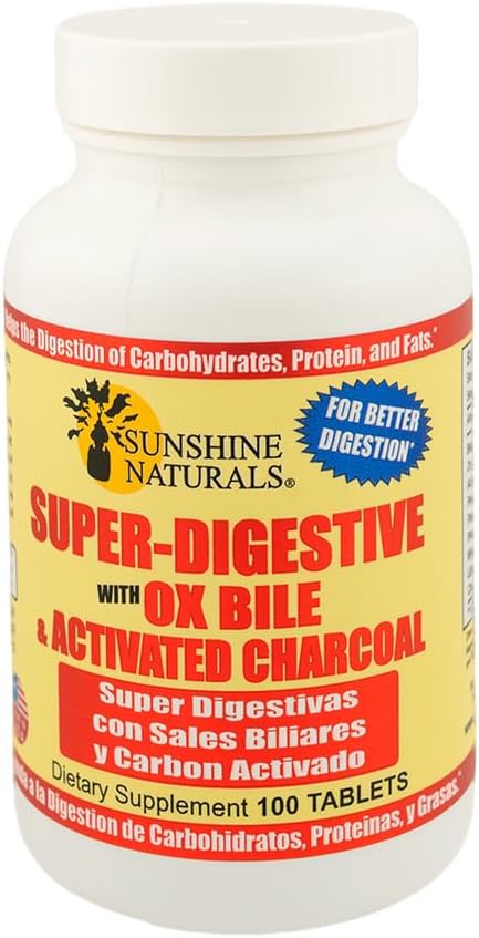 Sunshine Naturals Super Digestive Supplement. Ox Bile &amp Activated Charcoal for Digestive Support Bloating Relief Gut Cleanse Nutrient Absorption and Overall Wellness. 100 Tablets. Pack of 2