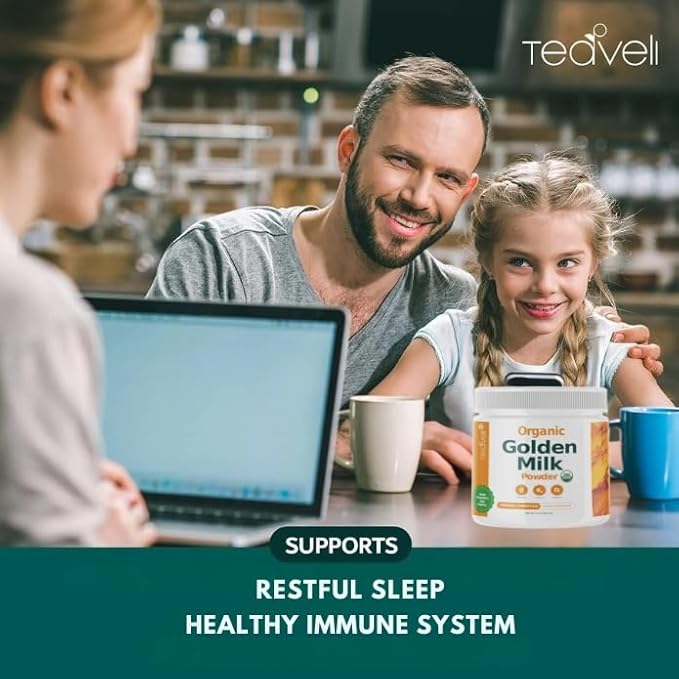 Organic Golden Milk Powder with Vitamins D3 &amp K2 Turmeric Ginger Curcumin Cinnamon KSM66 Ashwagandha Holy Basil &amp Natural Prebiotics– Delicious Unsweetened Turmeric Tea Latte- 30 Serving
