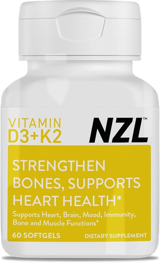 NZL Vitamin D3 &amp K2 High Potency D3 2000IU and K2 (MK7) 80mcg Unique Vitamin D3 from 100% New Zealand Sheep's Wool Lanolin. Cardiovascular Support &amp Bone Health 60 Softgels