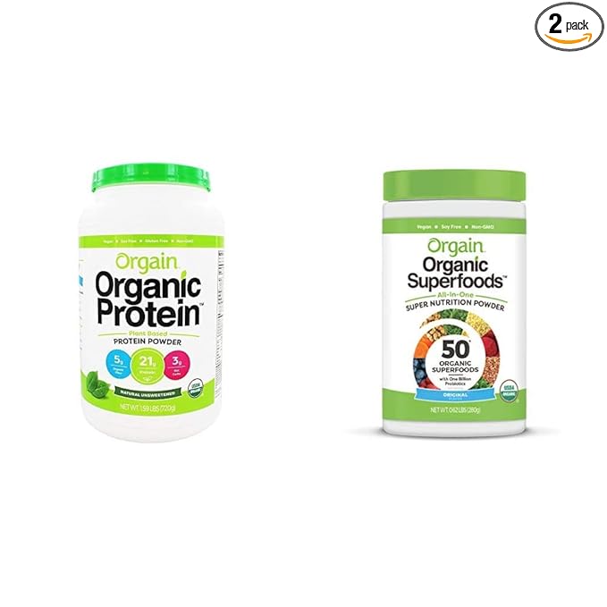 Orgain Organic Plant-Based Protein Powder + Superfoods Greens Powder Bundle (1.59lb + 0.62lb)