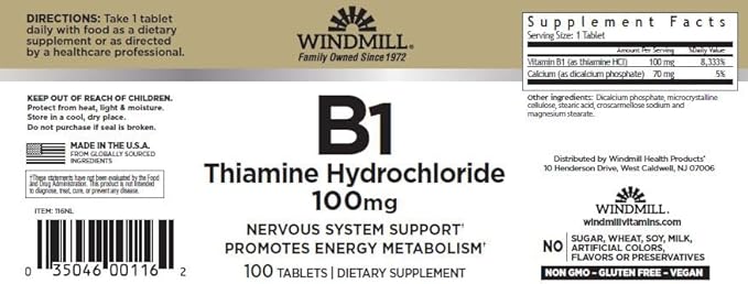 Windmill Vitamin B-1 100 mg Tablets 100 Tablets (Pack of 10)