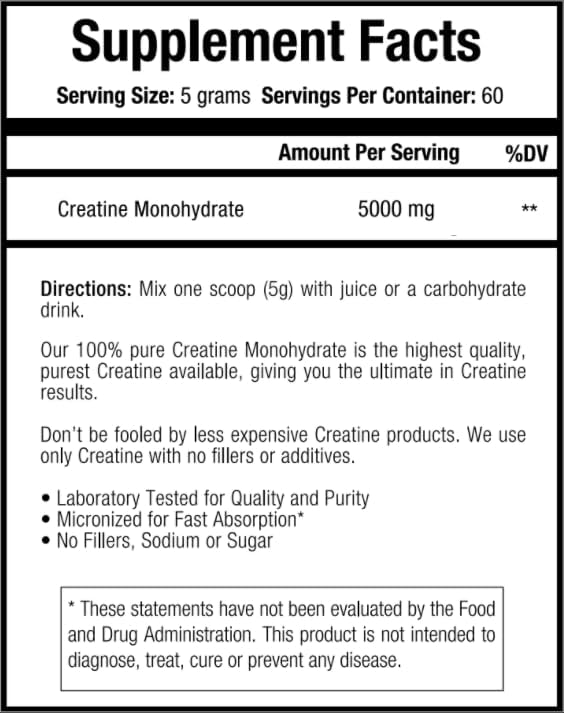 Creatine Monohydrate - No Fillers &amp No Additives (60 Servings)