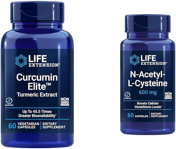 Life Extension Curcumin Elite Turmeric Extract &amp N-Acetyl-L-Cysteine (NAC) Immune Respiratory Liver Health NAC 600 mg Potent antioxidant Support Free-radicals Easy to Absorb 60 Capsules