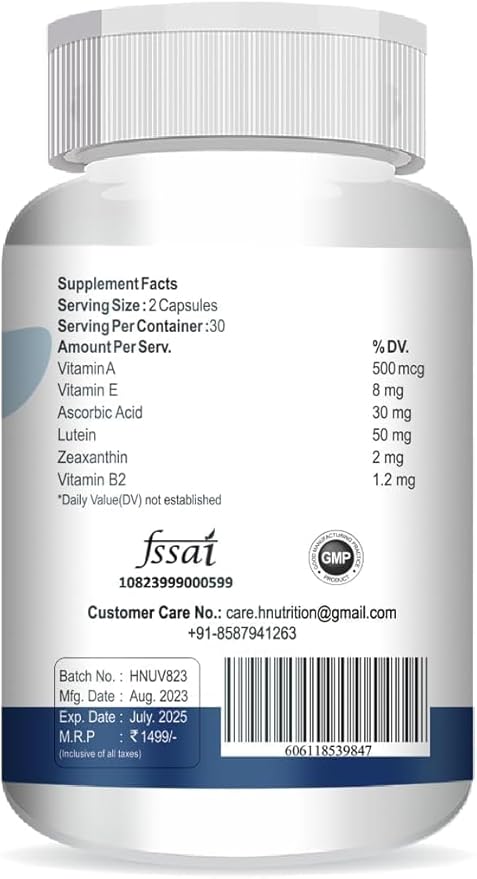 Healthy Upvision Eye Care Supplemnt for Eye Health with Omega-3 Vitamin E VIT A VIT C Lutein Zeaxanthin VIT B2 Vegetarian 60 Capsules-Pack of 1