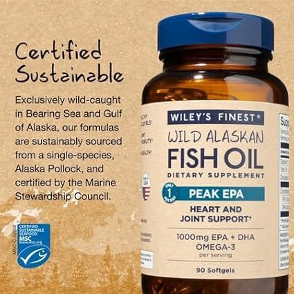 Wiley's Finest Wild Alaskan Fish Oil Peak EPA - Triple Strength Peak EPA &amp DHA Supplement - 1000mg Fish Oil - Omega-3s for Joint Health Support - 90 Softgels (90 Servings)