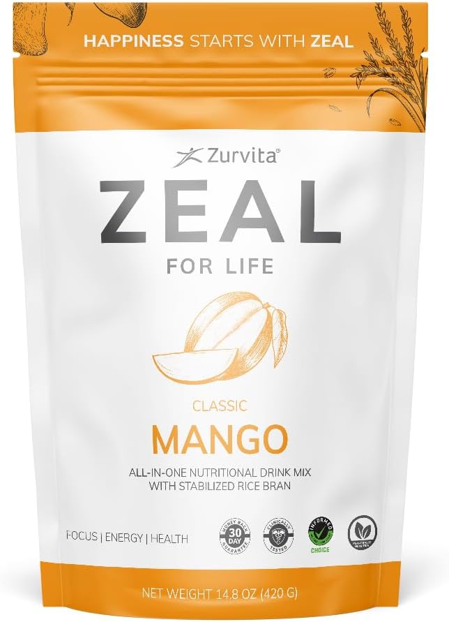 Zurvita Zeal for Life Wellness Drink Mix - Mango Flavor - Gluten-Free Vegan with Biotin Vitamins B12 C D E Iron Magnesium - 30 Servings (420g)