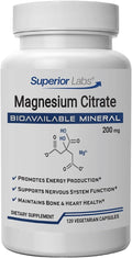 Superior Labs Magnesium Citrate 200mg High Absorption Non-GMO Additive-Free &amp Gluten-Free Promotes Calm Sleep Eases Muscle Cramps &amp Twitches Supports Constipation Relief 120 Veg Caps