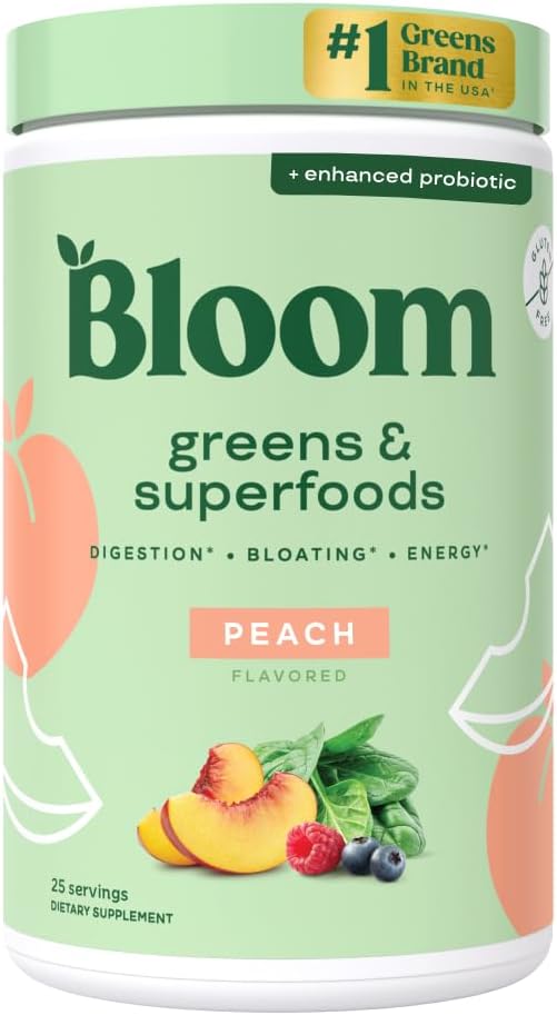 Bloom Nutrition Superfood Greens Powder Digestive Enzymes with Probiotics and Prebiotics Gut Health Bloating Relief for Women Chlorella Green Juice Mix with Beet Root Powder 25 SVG Peach