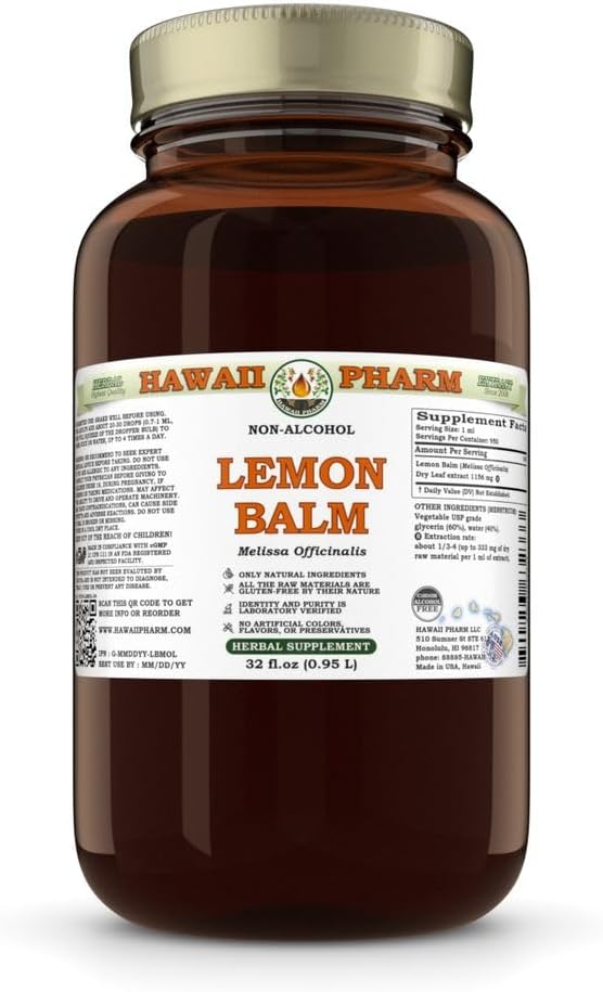 Hawaii Pharm Lemon Balm Alcohol-Free Extract Glycerite for Relaxation Supports Restful Sleep Promotes Mental Clarity and Cognitive Function Eases Digestive Discomfort - 32 fl.oz