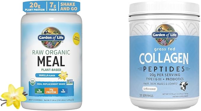 Garden of Life Vegan Protein Powder - Raw Organic Meal Replacement Shakes - Vanilla - Pea Protein &amp Grass Fed Collagen Peptides Powder – Unflavored Collagen Powder for Women Men Hair Skin Nails Jo