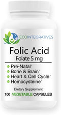Folic Acid Folate 5mg (B9) Prenatal Reproductive Health Homocysteine Metabolism Cardiovascular Bone Immune Support Allergen Free Non GMO - 100 Vegan Capsules