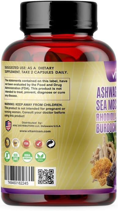 Shilajit Sea Moss Complex – Herbal Dietary Supplement – (2-Pack) 180 Capsules with Turmeric Ginseng &amp Black Seed Oil
