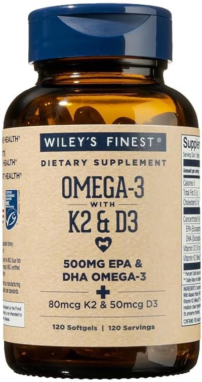Wiley's Finest Wild Alaskan Fish Oil Vitamin K2 &amp D3 Softgels - 500mg of EPA and DHA Omega-3s for Bone and Heart Health Support - 120 Softgels (120 Servings)