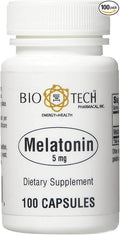 Bio-Tech Pharmacal Melatonin (5 mg) 100 Capsules – All-Natural Supplement – Support Sleep Cardiovascular Immune &amp Bone Health – No Dairy Fish Gluten Peanut Shellfish GMOS &amp Soy – No