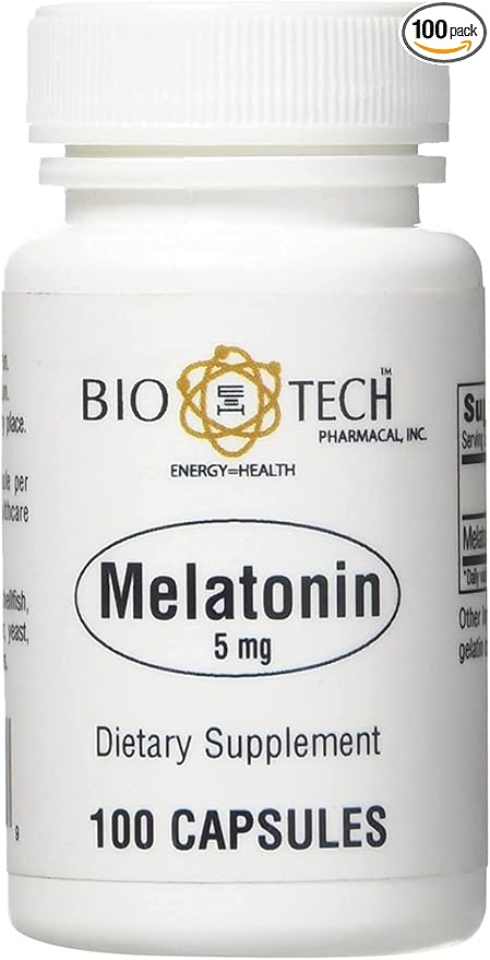 Bio-Tech Pharmacal Melatonin (5 mg) 100 Capsules – All-Natural Supplement – Support Sleep Cardiovascular Immune &amp Bone Health – No Dairy Fish Gluten Peanut Shellfish GMOS &amp Soy – No