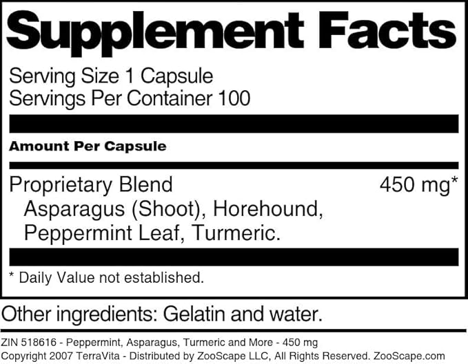 Peppermint Asparagus Turmeric and More - 450 mg (100 Capsules ZIN: 518616)
