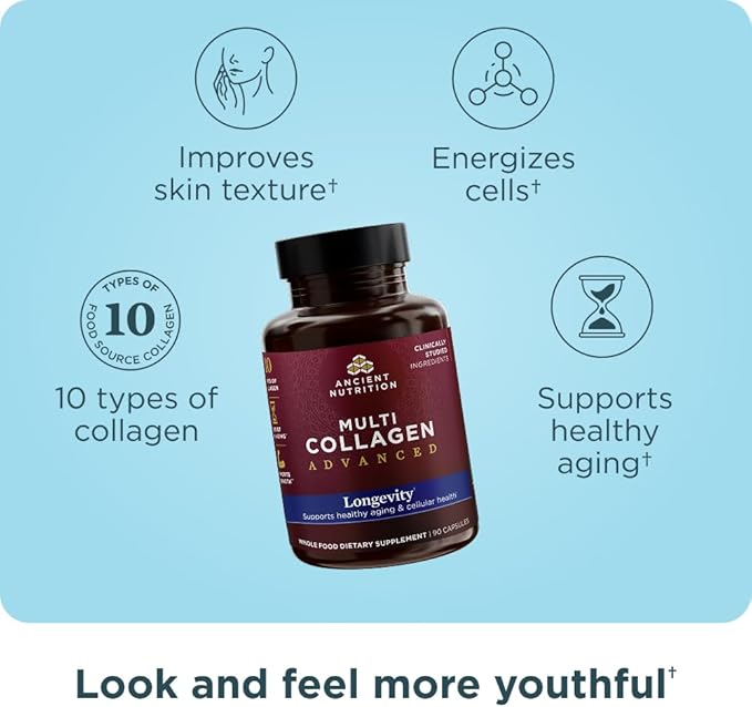 Ancient Nutrition Multi Collagen Advanced Longevity with Probiotics Hydrolyzed Collagen Peptides Promotes Healthy Aging and Cellular Energy 90 Count