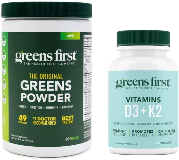 Greens First - Mint - 30 Servings - Greens Powder Superfood 49 Superfoods 15+ Organic Fruit &amp Vegetables Dairy Free Vegan &amp Non-GMO - 9.86 oz and D3+K2 Vitamins 60 Vegetable Capsules