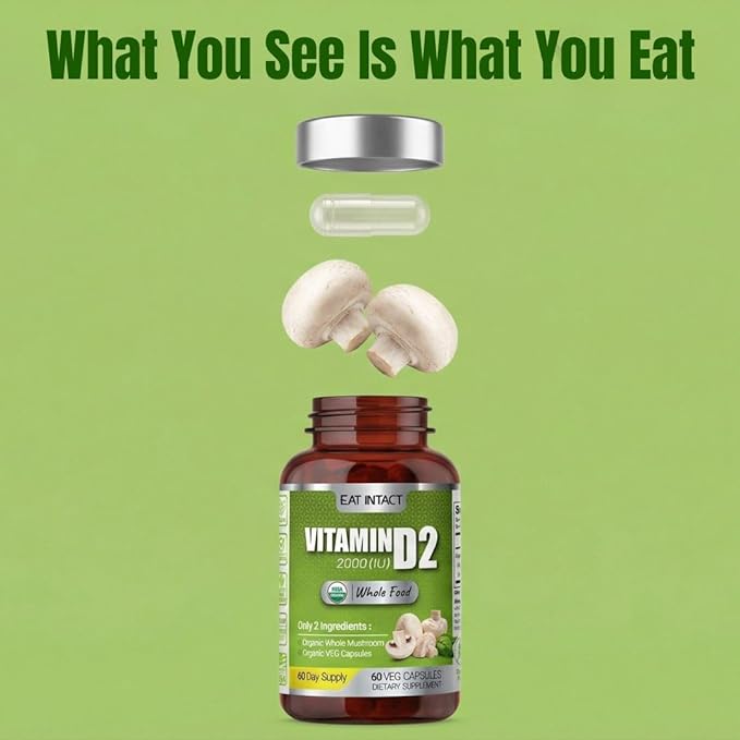 Vegan Whole Food Vitamin D 2000 IU (50 mcg) D2 Two Ingredients (Organic Whole Mushroom and Organic Vegan Capsule) Non-GMO Third Party Tested 60 Day Supply