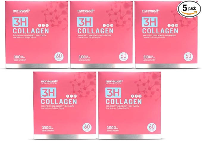 NANOWELL 3H Collagen Peptide 60 Sticks X 5 Boxes for 5 Months - I II &amp III with Vitamin AC E Hydrolyzed Elastin Peptide and Hyaluronic Acid - Hair Nail Skin and Joint Support (300 Count)