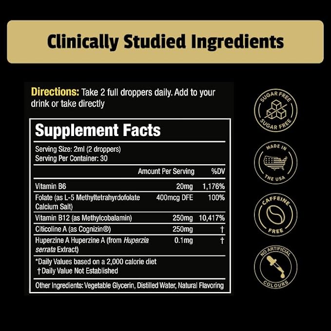EarlyBird Brain Drops Brain Supplements for Memory and Focus Vitamin B Complex with Cognizin Citicoline Huperzine A B6 Folate and B12 Memory and Cognitive Support Non-Caffeinated Vegan Formula