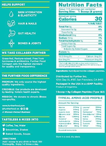 Further Food Unflavored Collagen Peptides Powder - 100% Grass-Fed Hydrolyzed Type 1 &amp 3 20g of Collagen per Serving Supports Skin Hair Nails &amp Joints 32 Oz