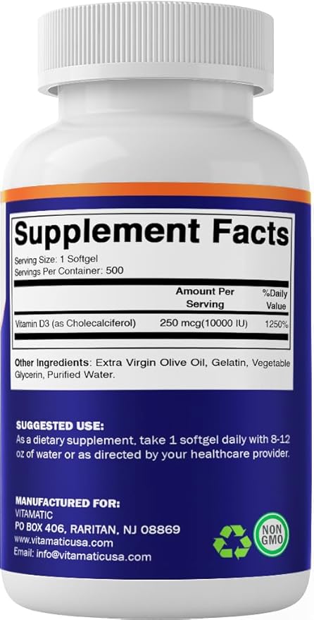 Vitamatic Vitamin D3 10000 IU (250 mcg) - 500 Softgels (Olive Oil Based) Non-GMO Gluten Free in Cold-Pressed Mini Softgels- 2 Pack