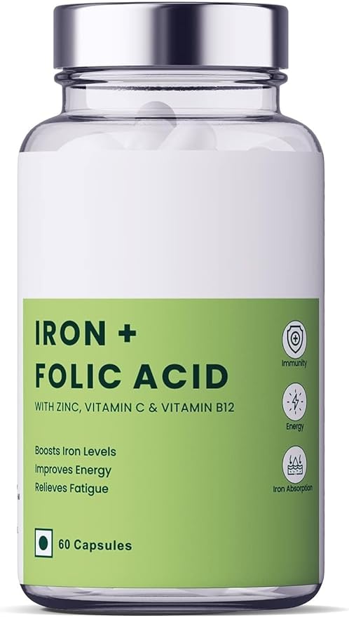 RJ Iron + Folic Acid Supplement with Zinc Vitamin C &amp Vitamin B12 | 60 Veg Capsules | Supports Blood Building Immunity and Energy | Enhances Iron Absorption| for Both Men &amp Women