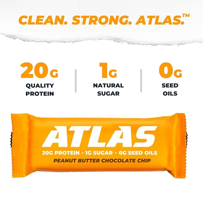 Atlas Real Food Protein Bar – 20g Clean Protein 1g Sugar No Seed Oils No Artificial Sweeteners (Peanut Butter Chocolate Chip 60 Count)