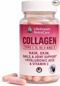 LifeStream NutraCare Collagen Capsules Type I II III V &amp X | with Hyaluronic Acid &amp Vitamin C Hair Skin Nails &amp Joint Support | 60 Capsules