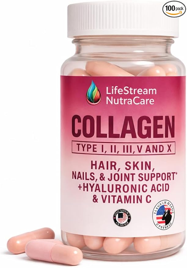 LifeStream NutraCare Collagen Capsules Type I II III V &amp X | with Hyaluronic Acid &amp Vitamin C Hair Skin Nails &amp Joint Support | 60 Capsules