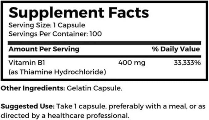 Dr. Clark Vitamin B1 Thiamine 400mg Supplement -Thiamine B1 Supplement for Healthy Nervous System &amp Energy Metabolism Gluten-Free Dairy Free - 100 Gelatin Capsules