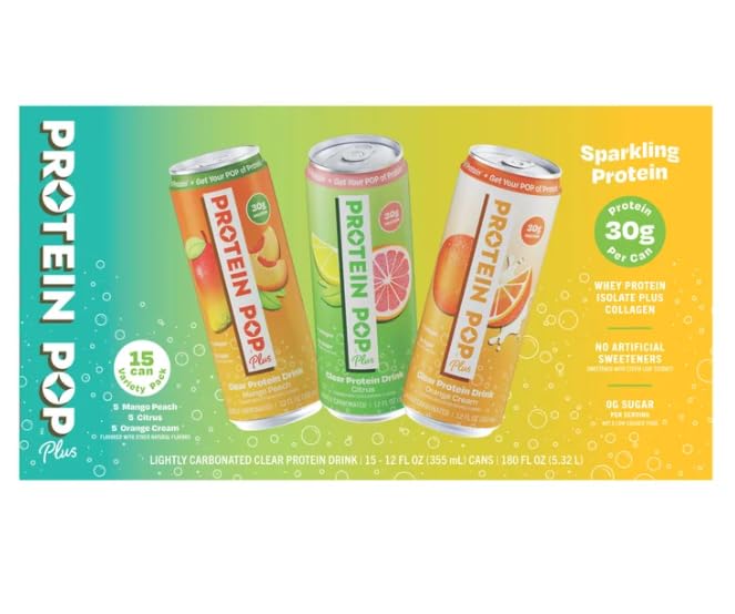 Protein PopPlus 30g Clear RTD Variety Pack 12 fl oz (15 Count) – 0g Sugar Carbonated Sparkling Protein Soda – No Artificial Sweeteners Colors or Flavors