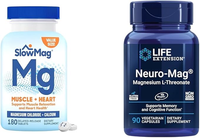SlowMag Muscle + Heart Magnesium Chloride with Calcium Supplement to Support Muscle Relaxation &amp Life Extension Neuro-mag Magnesium L-threonate Magnesium L-threonate Brain Health Memory