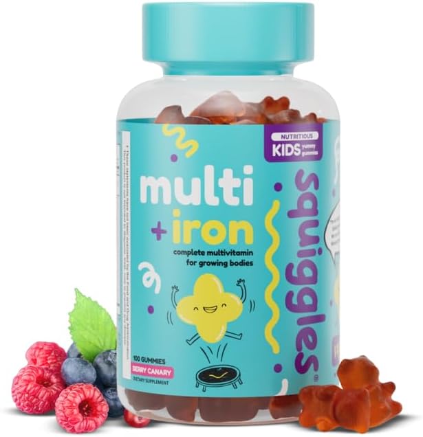 Squiggles Kids Multivitamin + Iron Gummies - Low Sugar Gummy Vitamins with Iron Supplements for Kids - Broad Spectrum of Vitamins and Minerals Chewy Yummy Berry Flavor (100 Count)