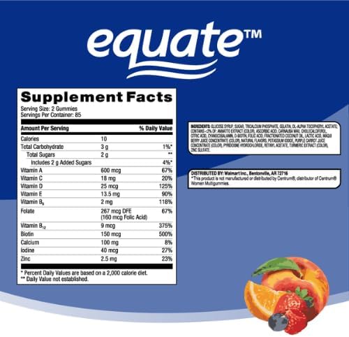 Equate Women's Multivitamin Gummies for Skin Mixed Berry Orange and Peach 170 Count + Dri Store Sticker.
