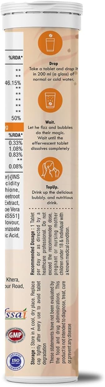 Glowsik Glutathione Effervescent Tablets for Skin Health 600mg Glutathione Reduced with Vitamin C for Lightening Antioxidants Supplements for Glowing Skin Health Orange Flavour (4 Orange)