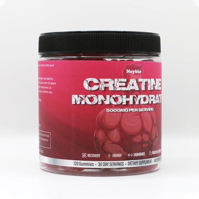 Neybio Creatine Monohydrate Gummies - 5000mg Creatine Raspberry Flavor 120 Count - Vegan Sugar-Free Boosts Performance &amp Recovery